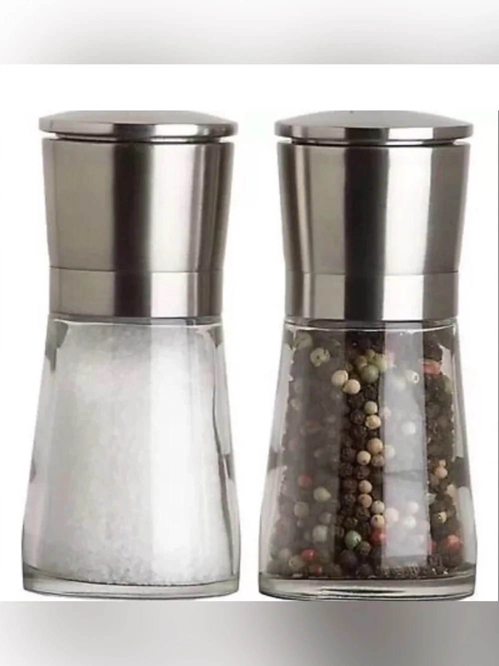 Crate and Barrel OLD THOMPSON BAVARIA Stainless and Glass Salt and Pepper Mills